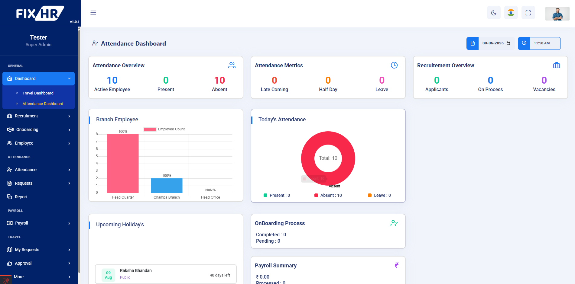 FixHR App Dashboard Screenshot